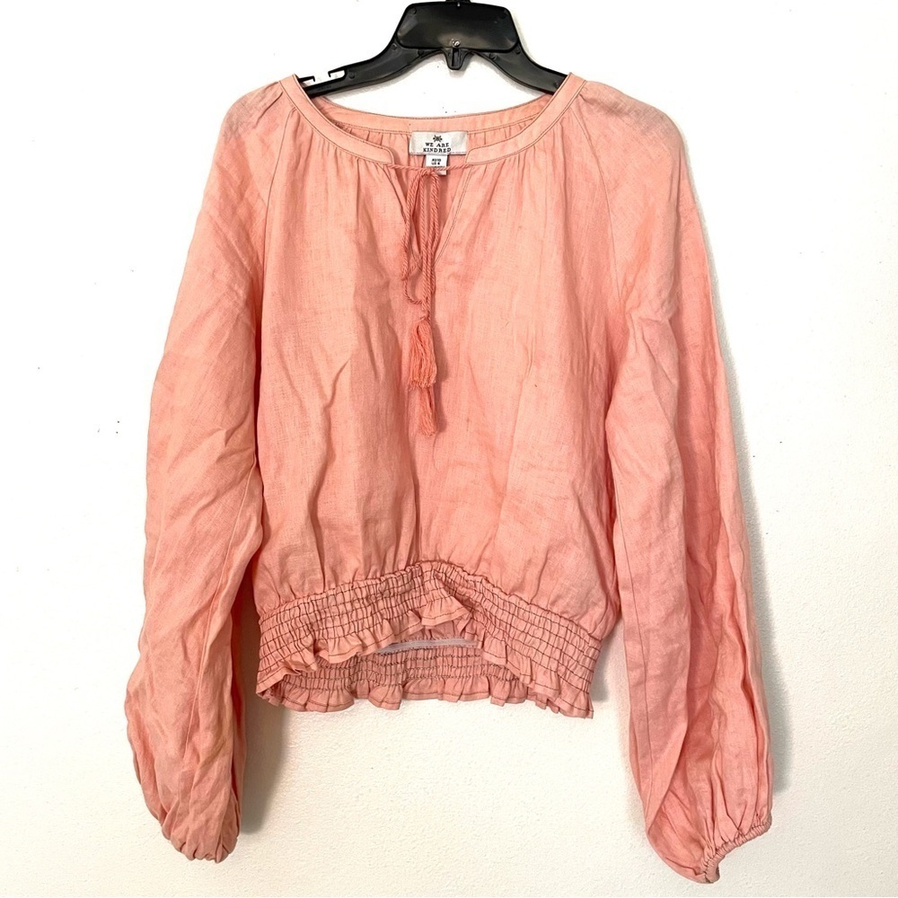 We Are Kindred Top 100% Linen Coral Salmon Puff Sleeve Tie Neck Womens Size US 6